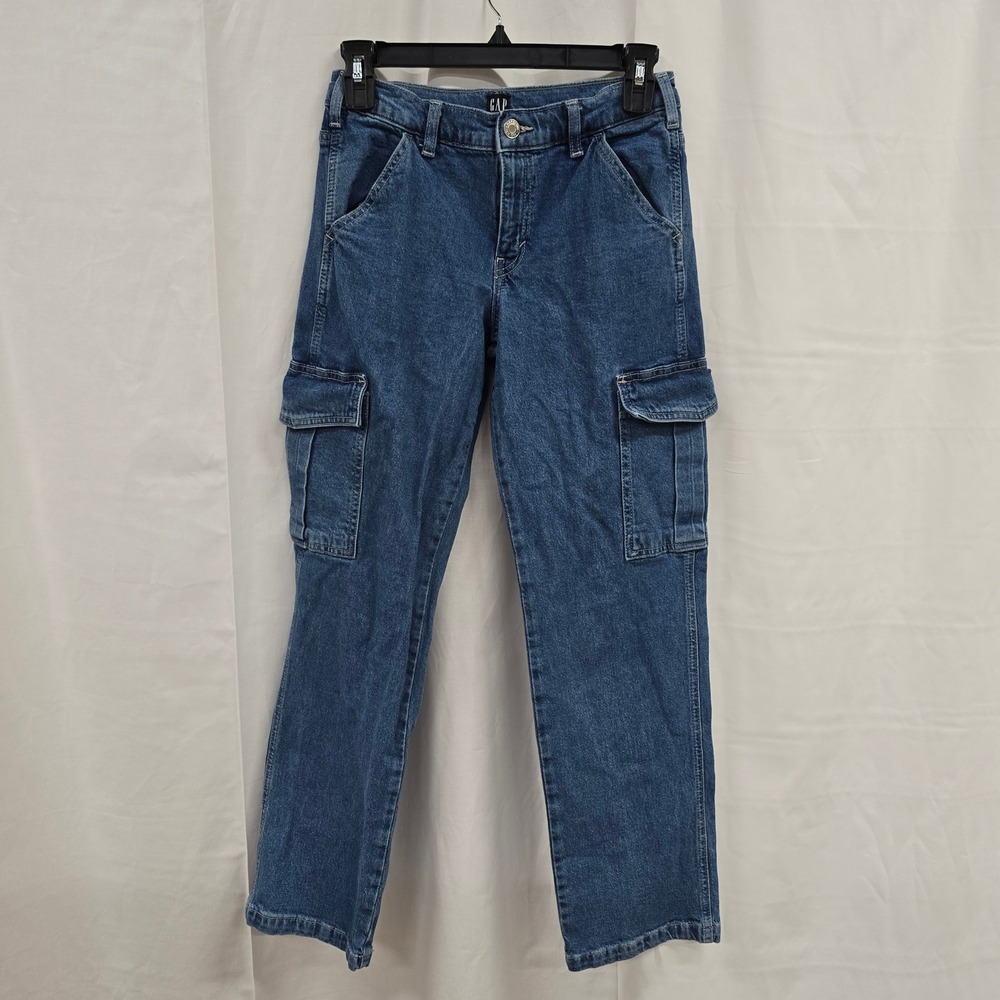 Gap Kids Straight Leg Cargo Jeans Medium Wash Blue Denim Utility Pants Size 14